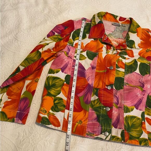 Chico’s Design size 0 Small Floral Tropical Hibiscus Pink & Orange Denim Jacket - Picture 9 of 12